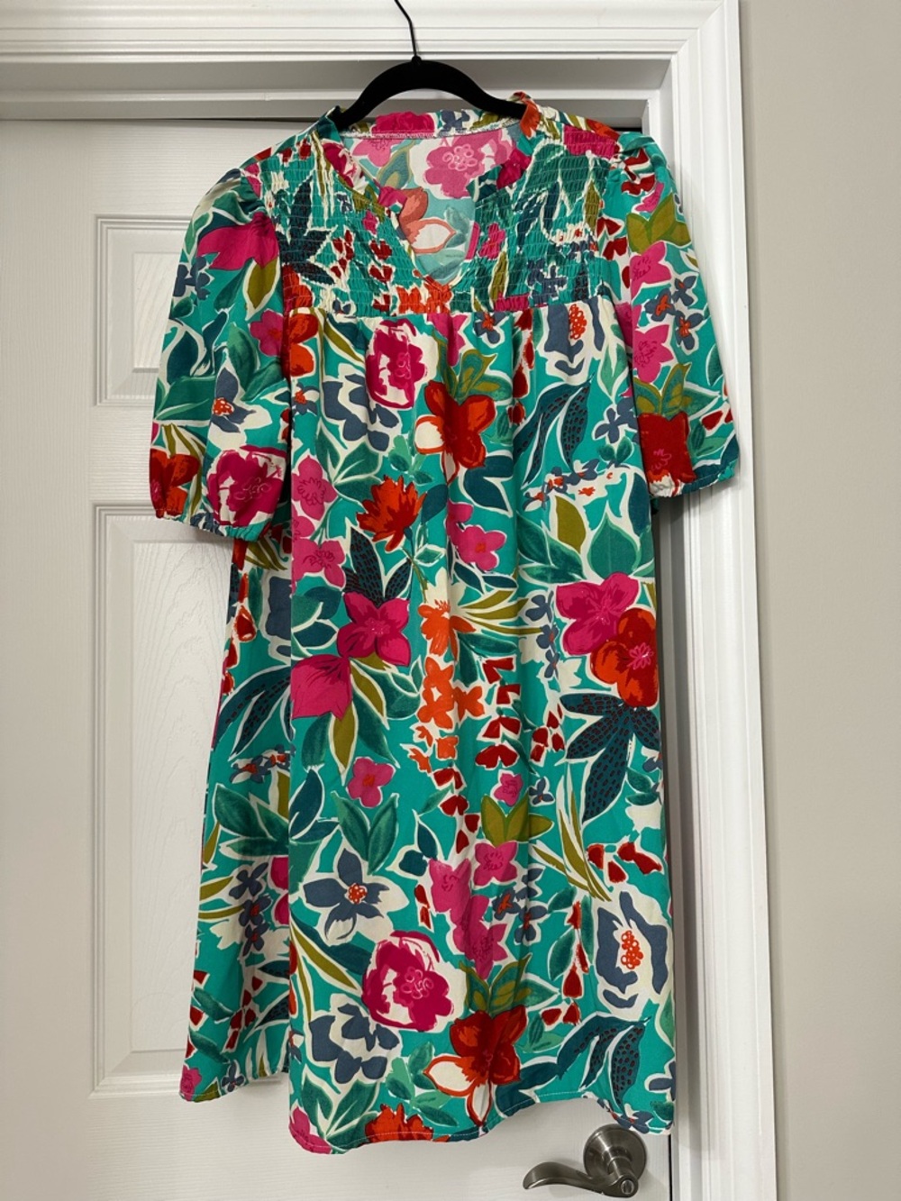 Floral Smocked Empire-Waist Dress in Teal and Pink
